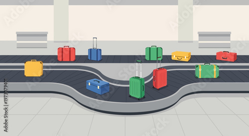 Colorful luggage on airport baggage carousel, travel concept, flat design illustration