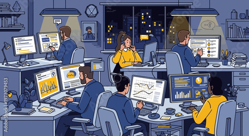 Overtime Office Work: Employees laboring late at night on computers with data charts.