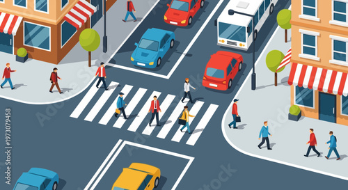 Busy City Street Intersection with Pedestrians Crossing at Crosswalk, Cars and Bus