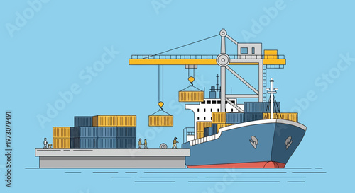 Container Ship Loading Cargo at Port with Crane and Workers, Global Logistics