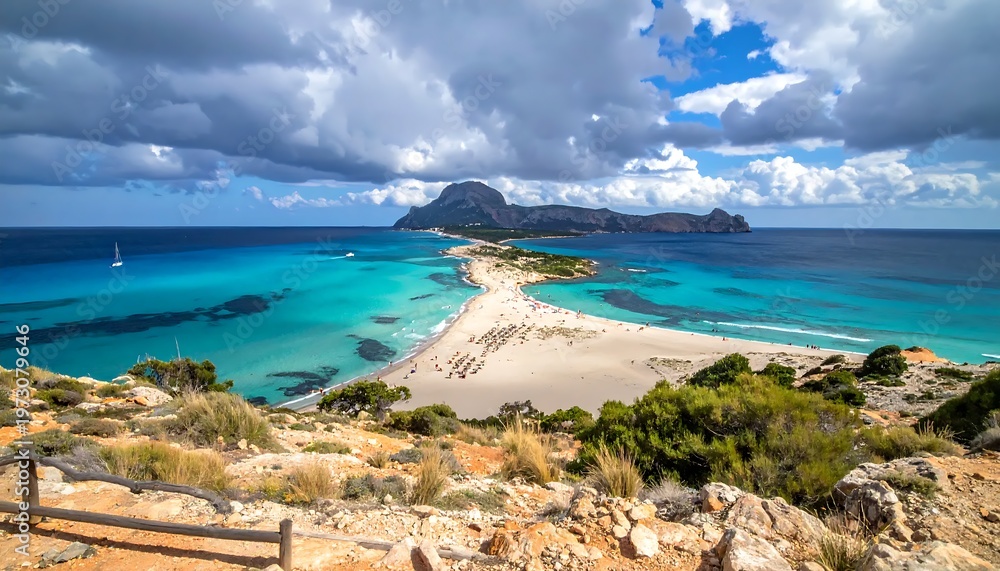 Fototapeta premium A serene coastal landscape with a sandy beach and turquoise waters