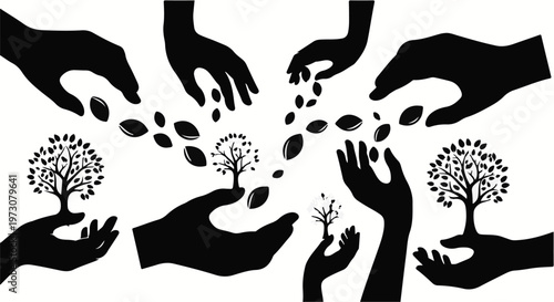 Hands nurturing growth, sharing seeds to cultivate new trees and opportunities.