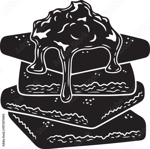 Stack of biscuits with chocolate ganache dripping down, sweet confection vector illustration.