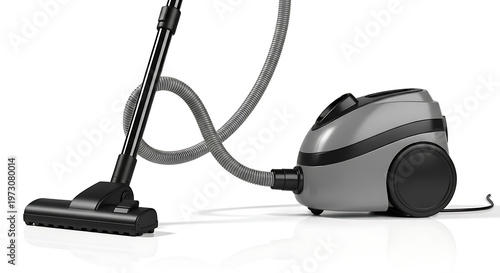 A gray canister vacuum cleaner with a black hose and head on a white background in a studio shot ai generated