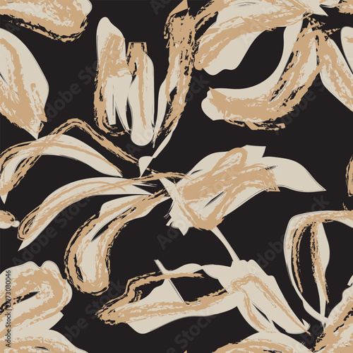 Floral Fashion Pattern Brushstroke Design In Beige And Black For Textile Prints Homeware And Apparel Modern Artistic Style Elegant And Versatile
