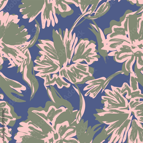 Floral Textile Design Pattern For Fashion And Homeware Pink And Green Brushstroke Flowers On Blue Background Botanical Decor Repeat Print Surface Design