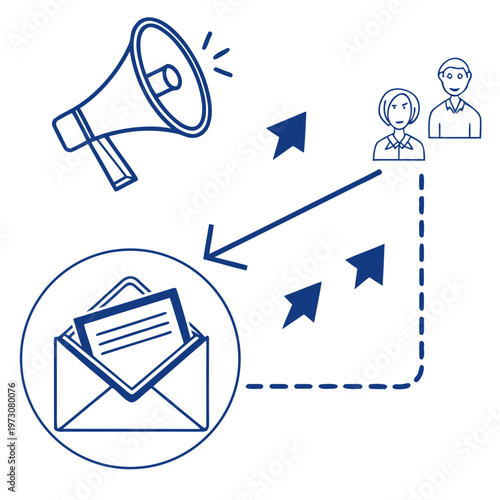 Megaphone broadcasting message to people via email with public relations with social media with target audience