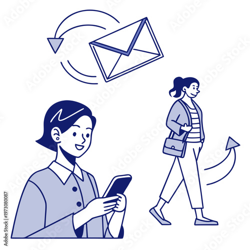Woman checking smartphone with envelope icon and walking figure with mobile phone with app usage with mobile communication