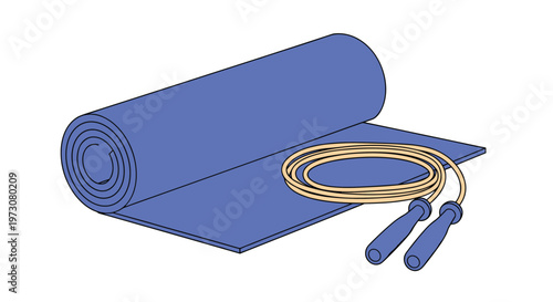 Blue rolled-up fitness mat and a beige jumping rope used for intense cardio exercises, gym workouts, and home training sessions.