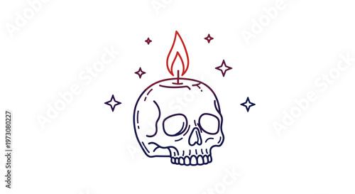 Mystical line art illustration of a human skull with a burning candle on its head and surrounded by glowing stars.