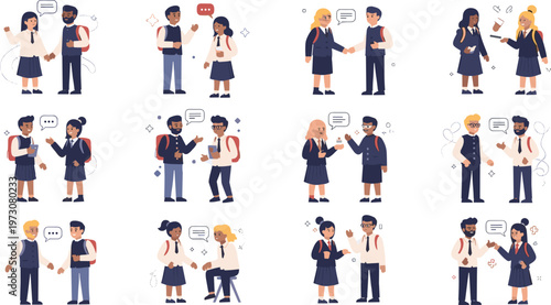 Students Communicating and Socializing in School Environment with Conversations, Friendship, and Interaction Scenes in Modern Cartoon Style Illustration Set.