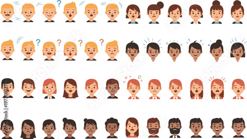 Set of Diverse Human Facial Expressions Showing Different Emotions Reactions and Moods in Modern Flat Cartoon Style Character Illustration Collection