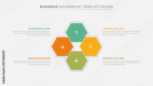 Modern 4 step business infographic template with colorful hexagon shapes