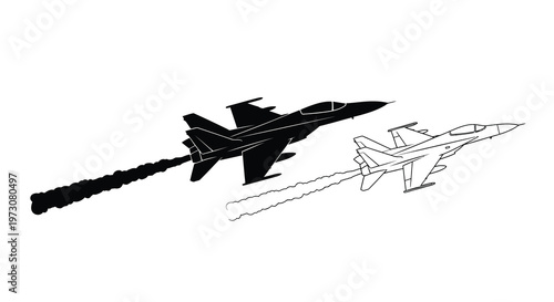 Silhouette of a fighter jet in flight leaving a smoke trail