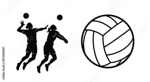 Volleyball players in action with a large ball illustration