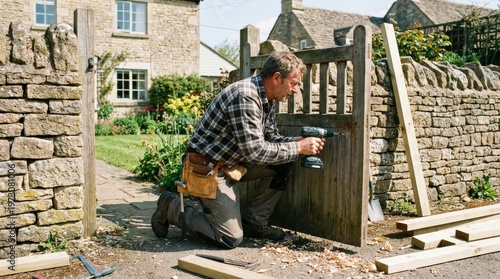 Man repairing wooden garden gate.