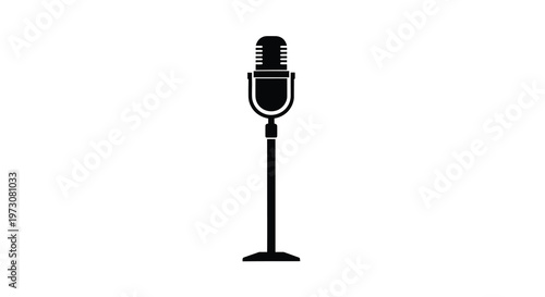 A simple black silhouette of a vintage style microphone on a stand