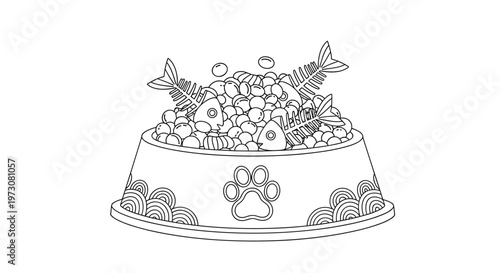 Pet food bowl illustration filled with kibble and fish bones with a paw print icon on the front in black and white line art.