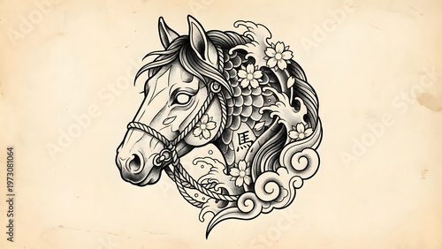 Japanese style tattoo illust n of a horse s head with cherry blossoms and waves