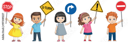 Happy Children Holding Traffic Signs, Road Safety Education Concept with Stop, Warning, No Entry and Direction Symbols, Kids Learning Traffic Rules, Colorful Vector Illustration