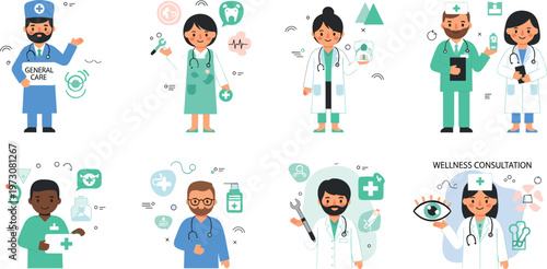Medical Professionals and Healthcare Workers with Tools Icons and Wellness Concepts in Modern Flat Cartoon Style Illustration Set.