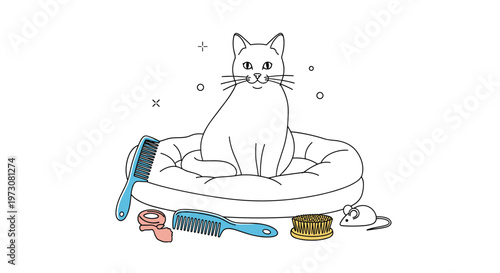 Illustration of a cat sitting comfortably in its pet bed surrounded by grooming brushes a mouse toy and a collar on white background.