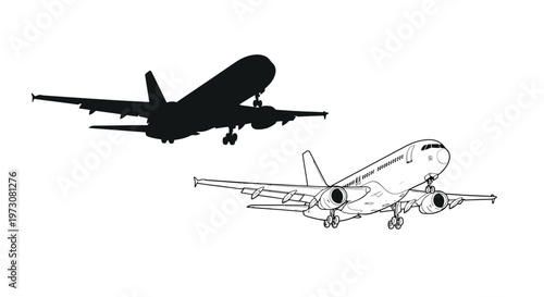 Two airliner silhouettes one solid black one outlined in white