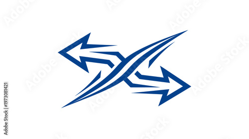 Abstract Arrow Symbol in Blue Crossing and Pointing in Opposite Directions