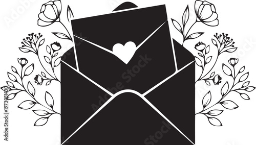 Elegant open envelope with a heart and delicate floral wreath, ideal for wedding invitations or greeting cards.