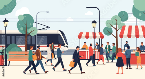 Urban street scene with diverse people, tram, and market stalls, city life illustration