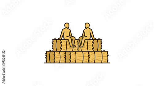 Two Figures Sitting on Stacked Hay Bales