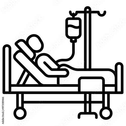a simple line drawing of a patient lying in a hospital bed with an iv drip attached to a pole beside the bed. the patient appears to be semi reclined and the iv drip is positioned above the bed.