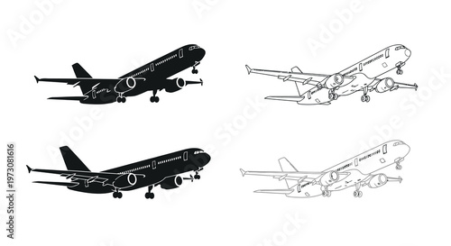 Four depictions of a passenger airplane illustrating different views and styles