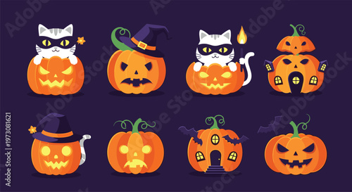 Set of eight pixel art halloween icons featuring cats in pumpkins haunted houses and various spooky jack o lanterns on dark purple.