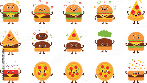 Cute Fast Food Characters Including Burgers Pizza and Snacks with Funny Faces in Colorful Cartoon Style Illustration Set for Kids Design.