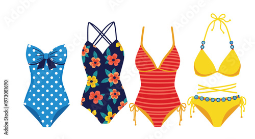 Collection of four different women's swimsuit styles including bikinis and one piece suits in blue red and yellow with floral patterns.