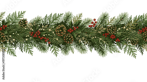 A beautifully illustrated vector garland featuring lush green pine branches adorned with pine cones and red berries on a textured background