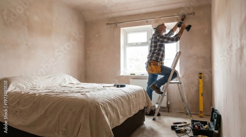 Man installing curtain in bedroom.