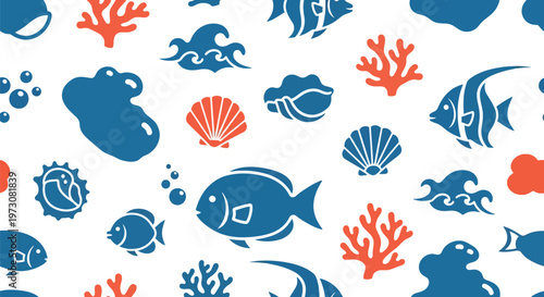 Seamless marine life vector pattern with fish, coral, shells, and ocean elements in blue and red