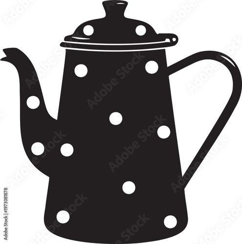 Black silhouette of vintage teapot with polka dots. retro enamel kettle with handle and spout for boiling water.