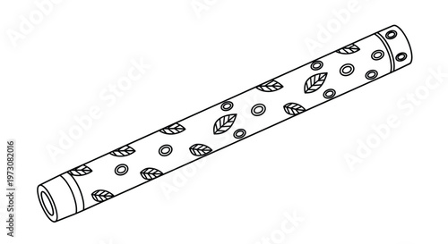 Long cylindrical object with a decorative leaf and circle pattern in black and white line art isolated on a clean white background.