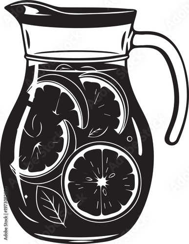 Pitcher of lemonade with citrus slices and mint leaves stylized illustration vector.