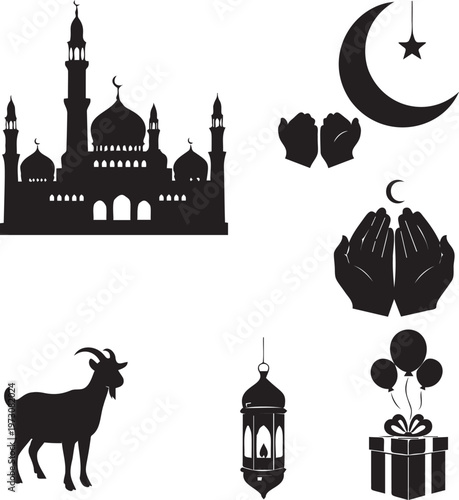 Islamic holiday symbols mosque praying hands crescent moon lantern goat gift balloons vector.