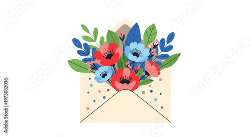 Beautiful floral arrangement bursting out of a vintage envelope with red and blue poppies and green leaves.