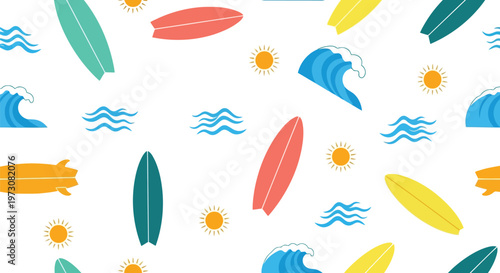 Summer surfboard vector pattern with waves and sun seamless beach background