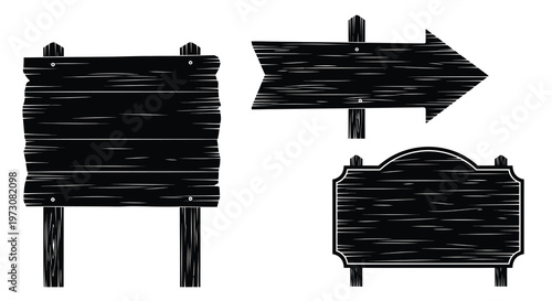 Black silhouette of wooden signs and arrow pointing to the right