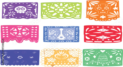 Nine Colorful Mexican Papel Picado Banners in a Grid.