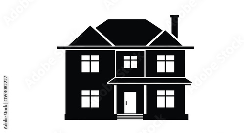 Simple black silhouette of a two story house with a chimney