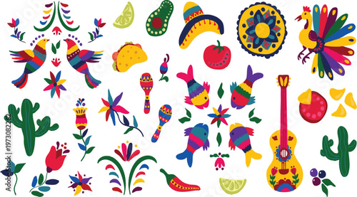Colorful Mexican Folk Art Icons Set on White Background.