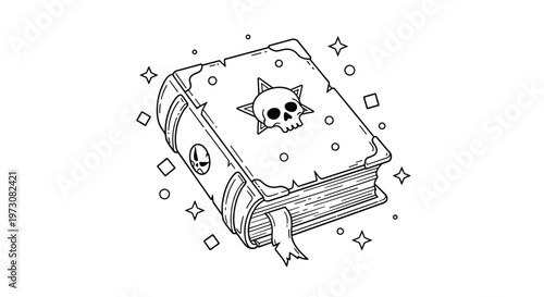 Magic spell book with a skull emblem on the cover surrounded by floating stars and geometric shapes on white.